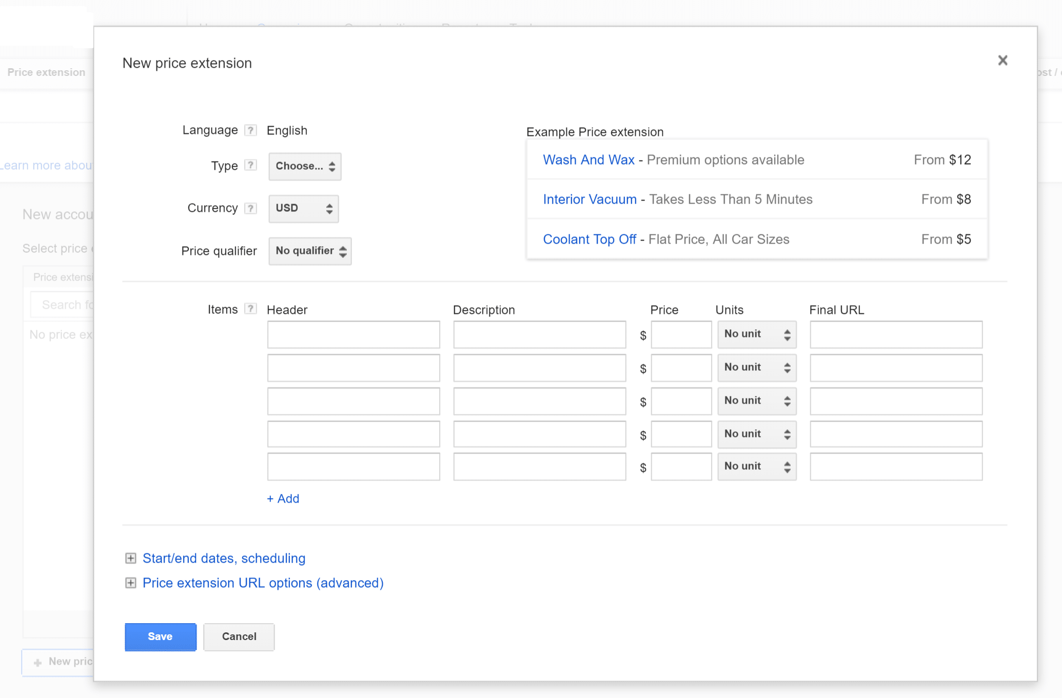 Comment paramétrer extension de prix Adwords