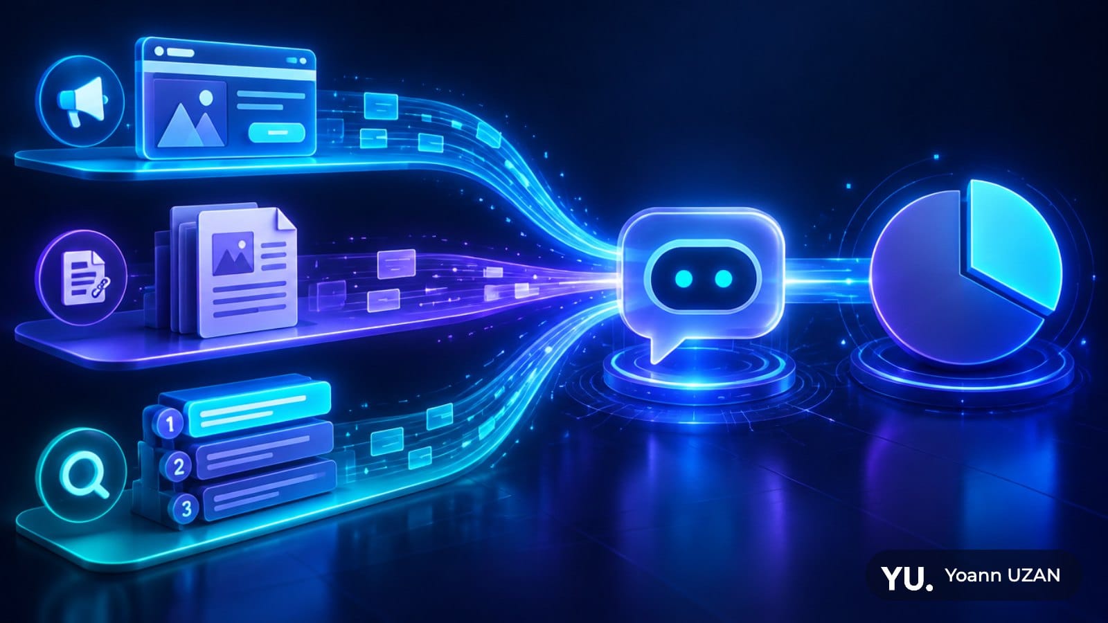 Illustration des trois visibilités dans une réponse IA, annonce, citation et classement organique, annonces dans Google AI Mode