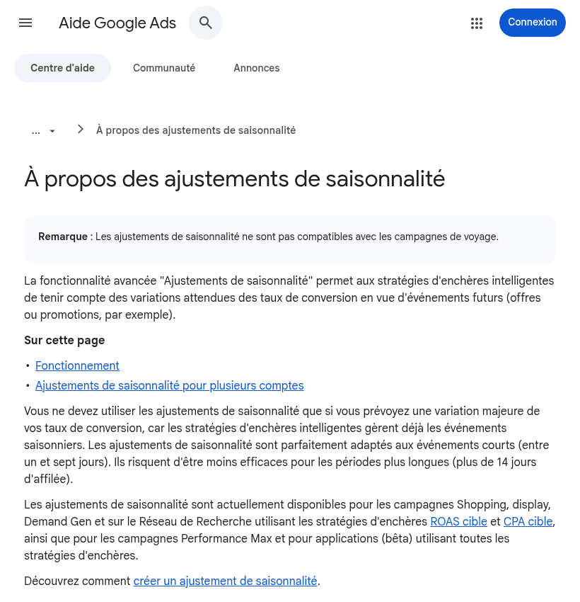 Page d'aide Google Ads « À propos des ajustements de saisonnalité » mentionnant les campagnes Demand Gen