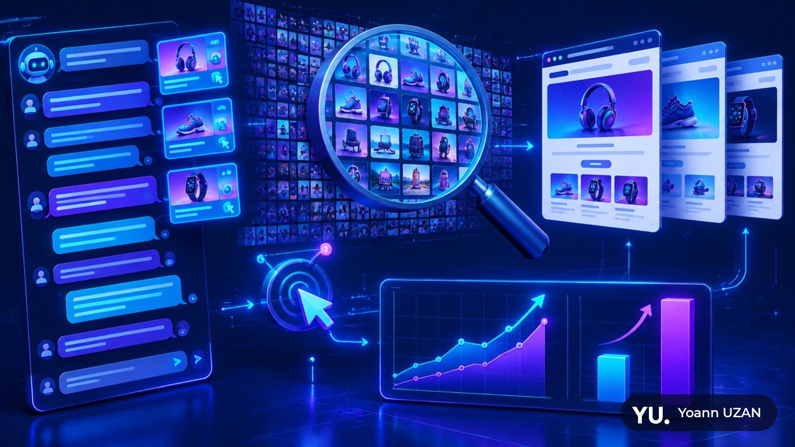 Illustration de l'analyse des annonces ChatGPT Ads dans les conversations, avec créas, pages de destination et taux de clic
