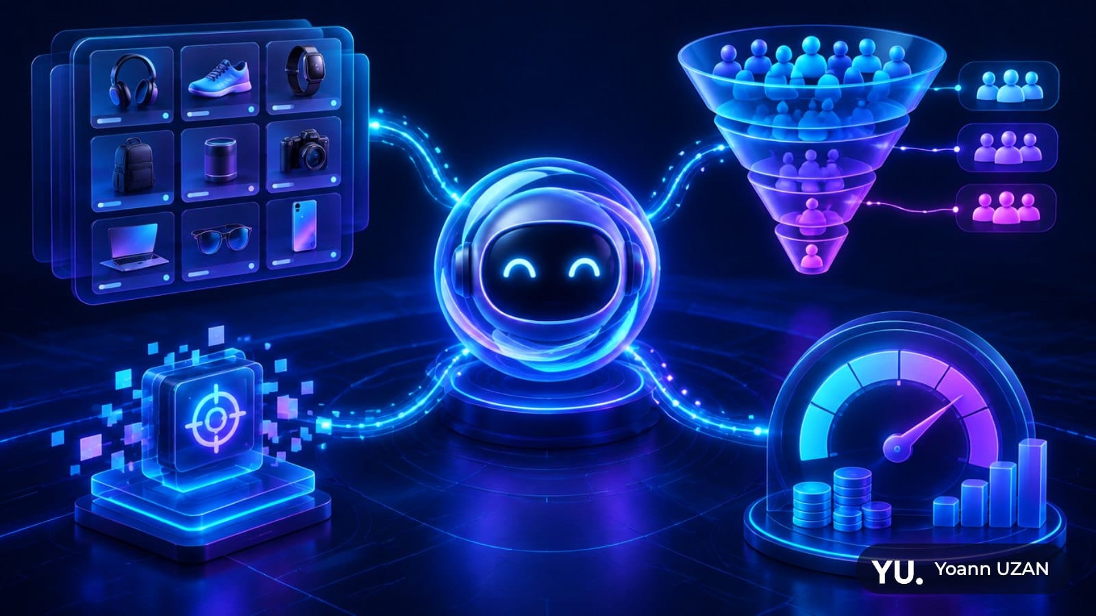 Illustration des nouveautés ChatGPT Ads : flux produits, audiences personnalisées et mesure des conversions reliés à un assistant IA