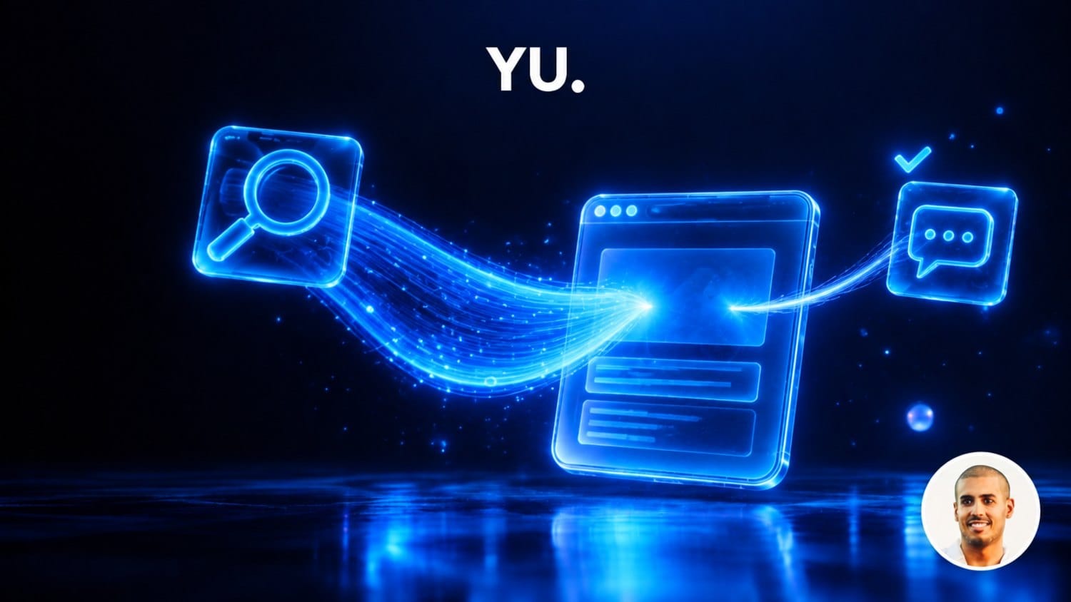 Large flux lumineux venant d'une loupe de recherche et fin flux venant d'une bulle de discussion vers un site web, illustrant le trafic ChatGPT face à Google