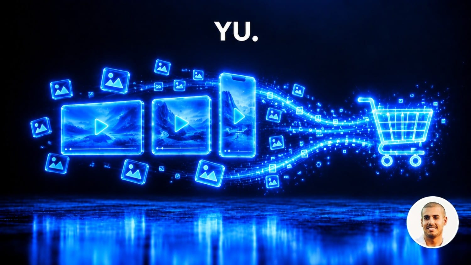Écrans vidéo holographiques aux formats horizontal, carré et vertical entourés d'images, reliés par un flux lumineux à un panier, illustrant les créations Demand Gen