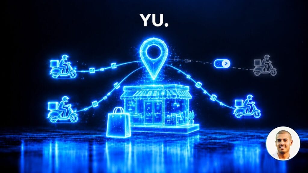 Restaurant holographique sous un repère de carte, relié à plusieurs scooters de livraison dont un lien est coupé par un interrupteur