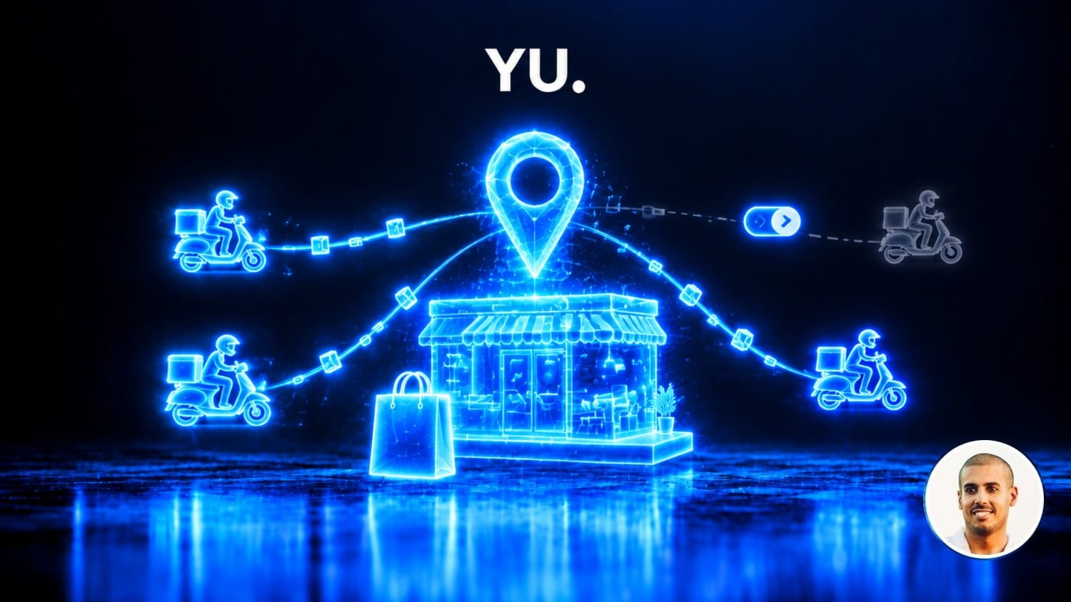 Restaurant holographique sous un repère de carte, relié à plusieurs scooters de livraison dont un lien est coupé par un interrupteur