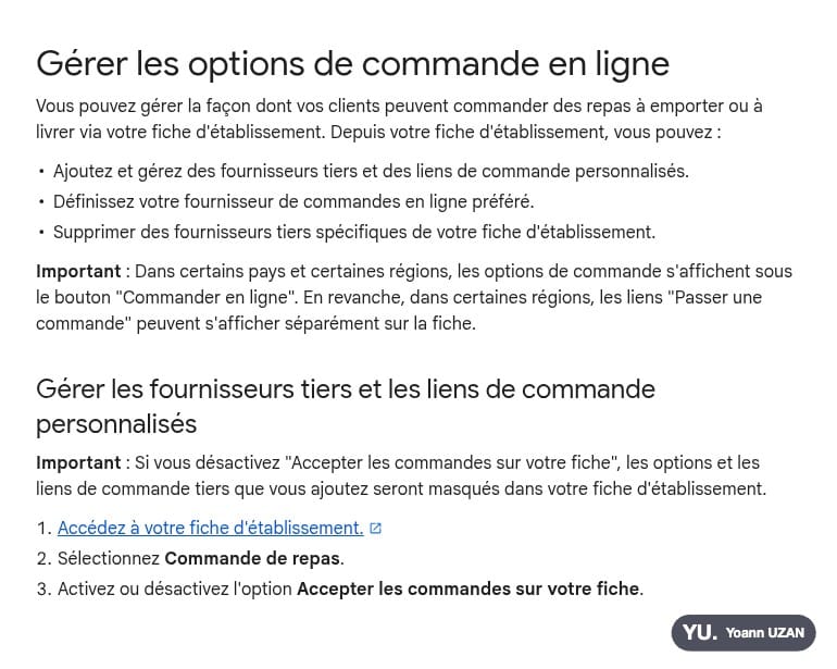 Page d'aide Google Gérer les options de commande en ligne de la fiche d'établissement