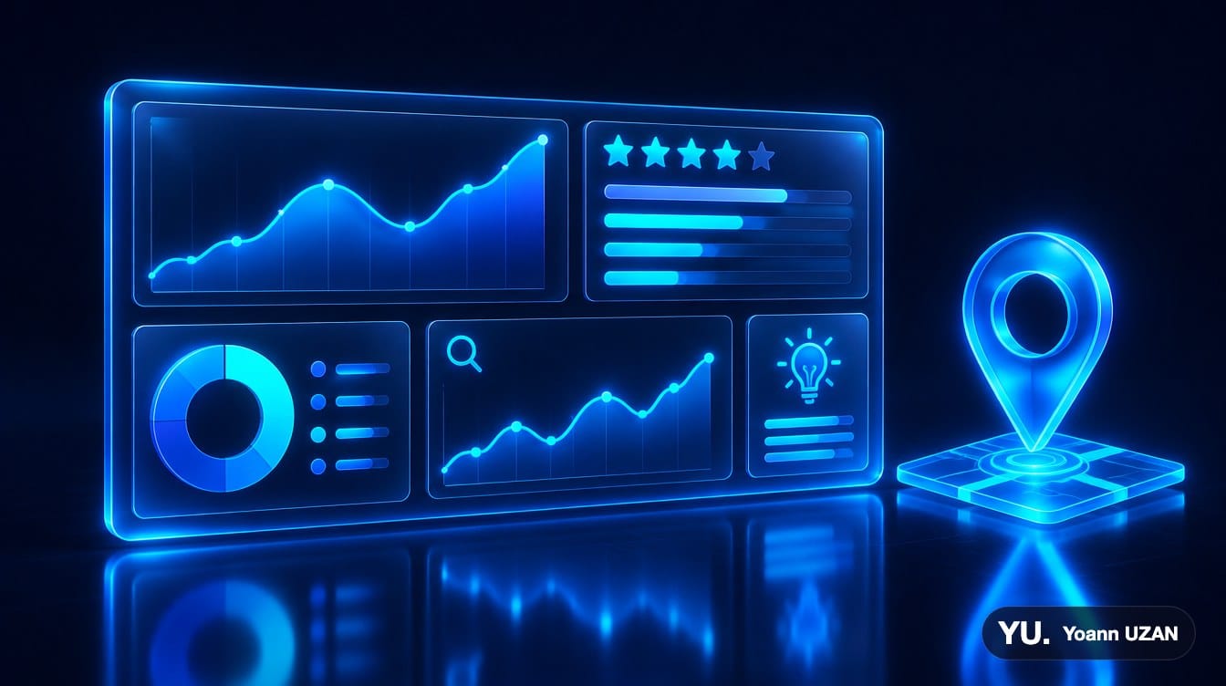 Tableau de bord d'une fiche d'établissement Google avec engagement, avis, audience et tendances de recherche