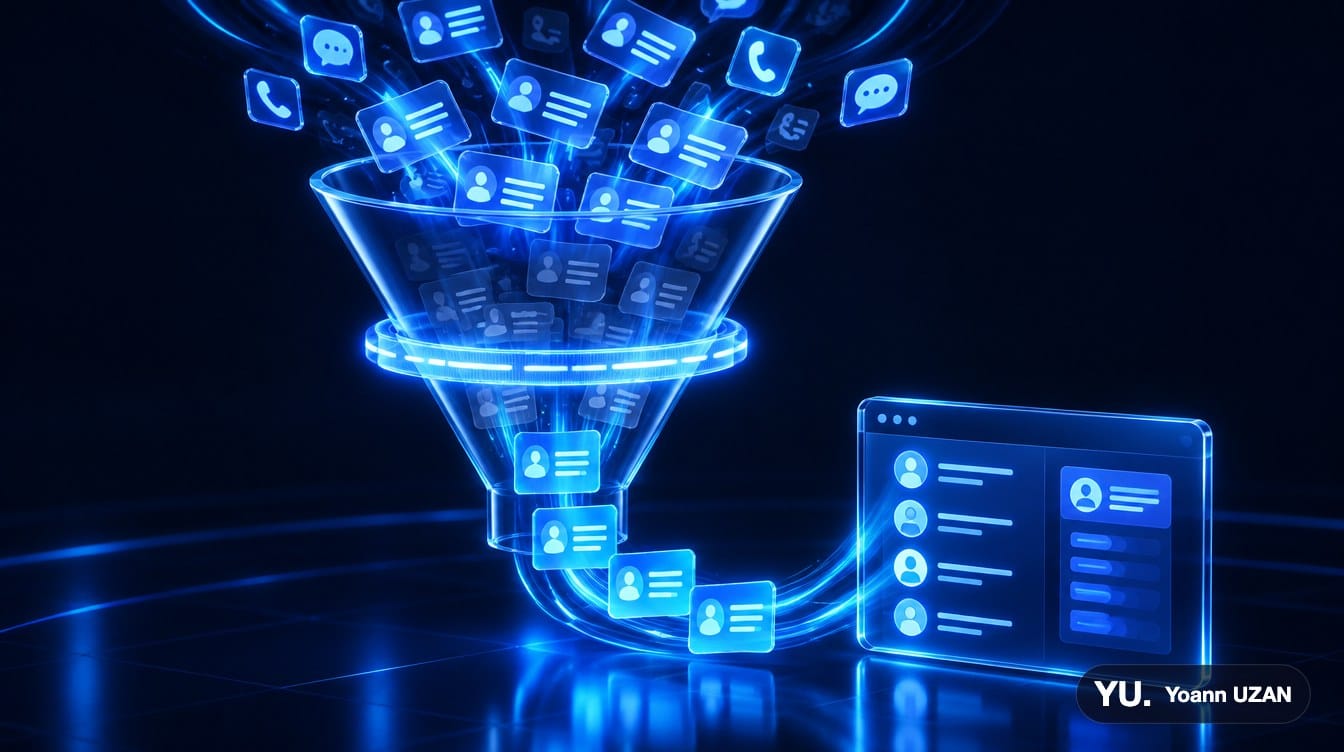 Entonnoir holographique bleu dans lequel des cartes de contact lumineuses sont filtrées avant d'atteindre un CRM