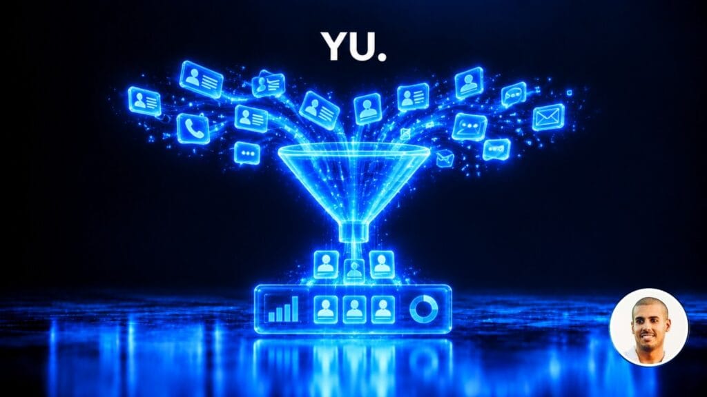 Entonnoir holographique bleu électrique qui filtre des cartes de contact lumineuses vers un tableau de bord, sur un sol réfléchissant
