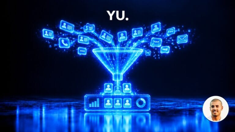 Entonnoir holographique bleu électrique qui filtre des cartes de contact lumineuses vers un tableau de bord, sur un sol réfléchissant