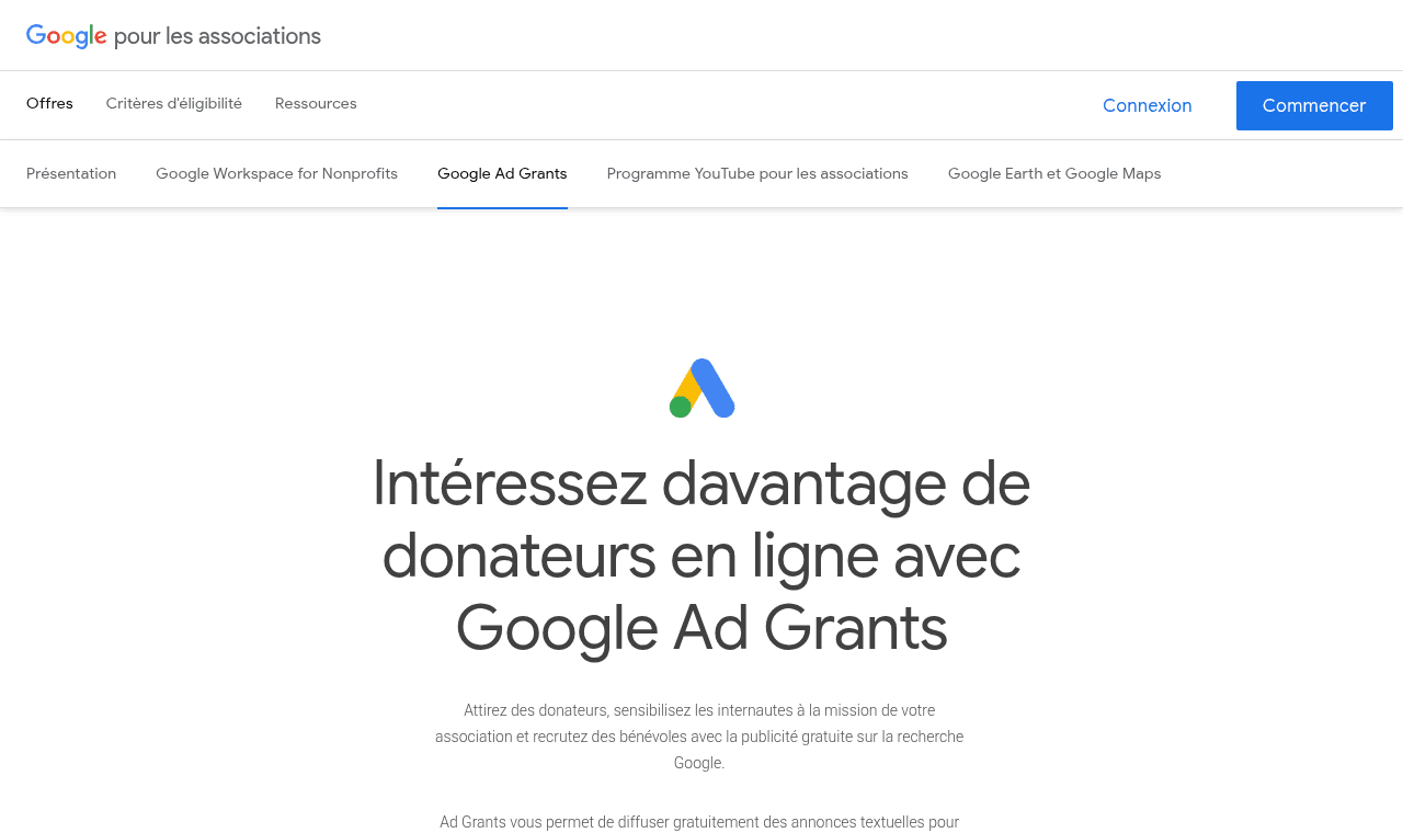 Page officielle Google Ad Grants du programme Google pour les associations