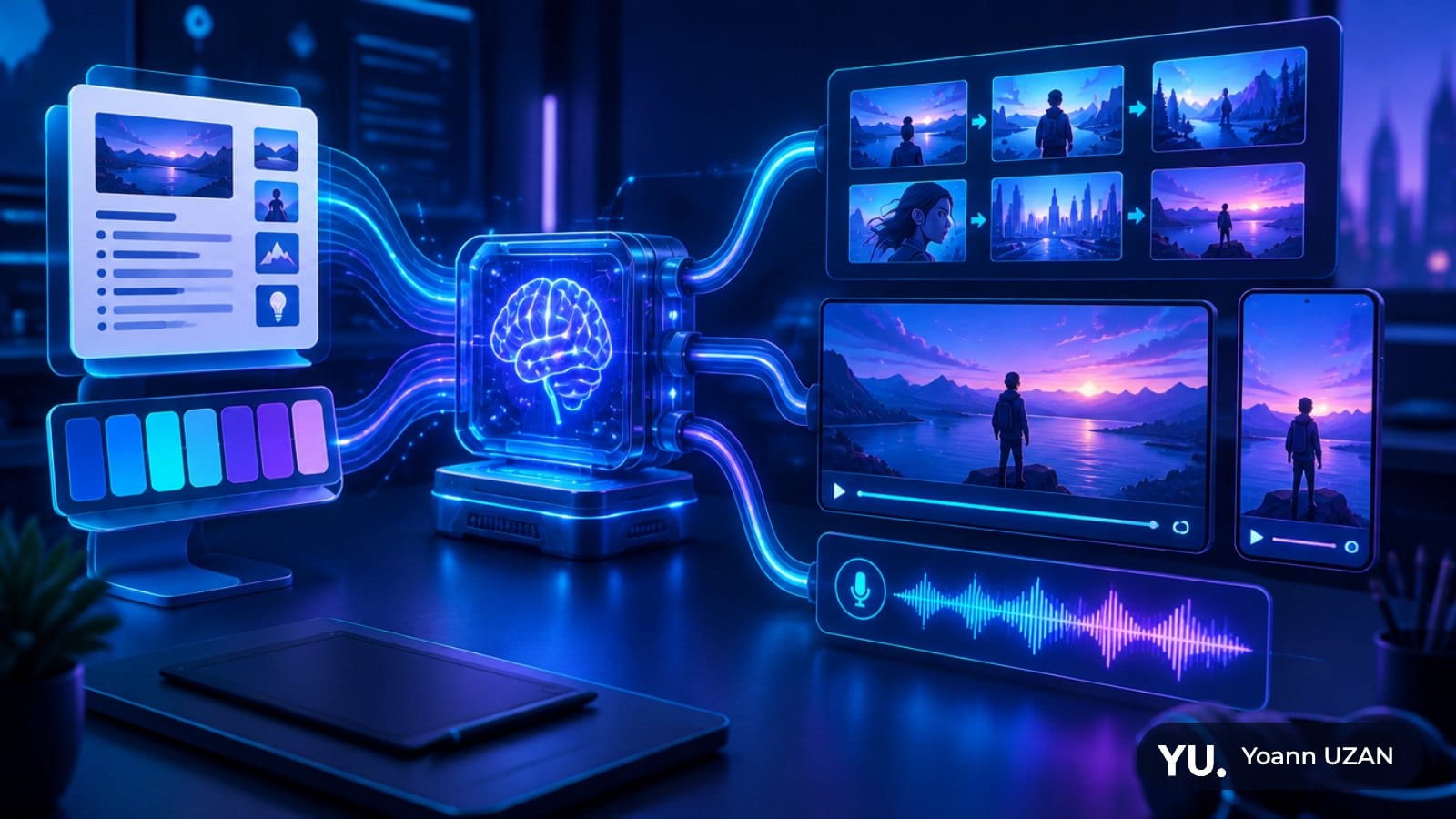 Illustration d'un studio de création générant des vidéos publicitaires à partir d'un brief, Gemini Omni dans Google Ads