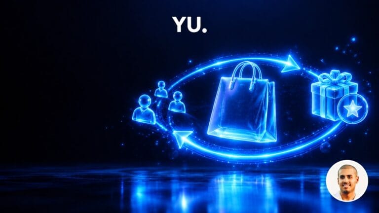 Boucle lumineuse autour d'un sac de shopping holographique avec nouveaux clients et cadeau de fidélité, illustrant les objectifs de cycle de vie client Google Ads