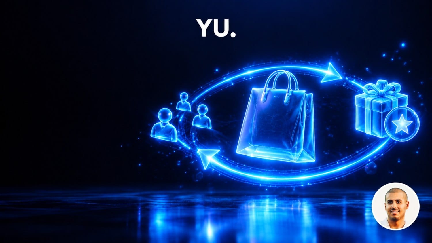 Boucle lumineuse autour d'un sac de shopping holographique avec nouveaux clients et cadeau de fidélité, illustrant les objectifs de cycle de vie client Google Ads
