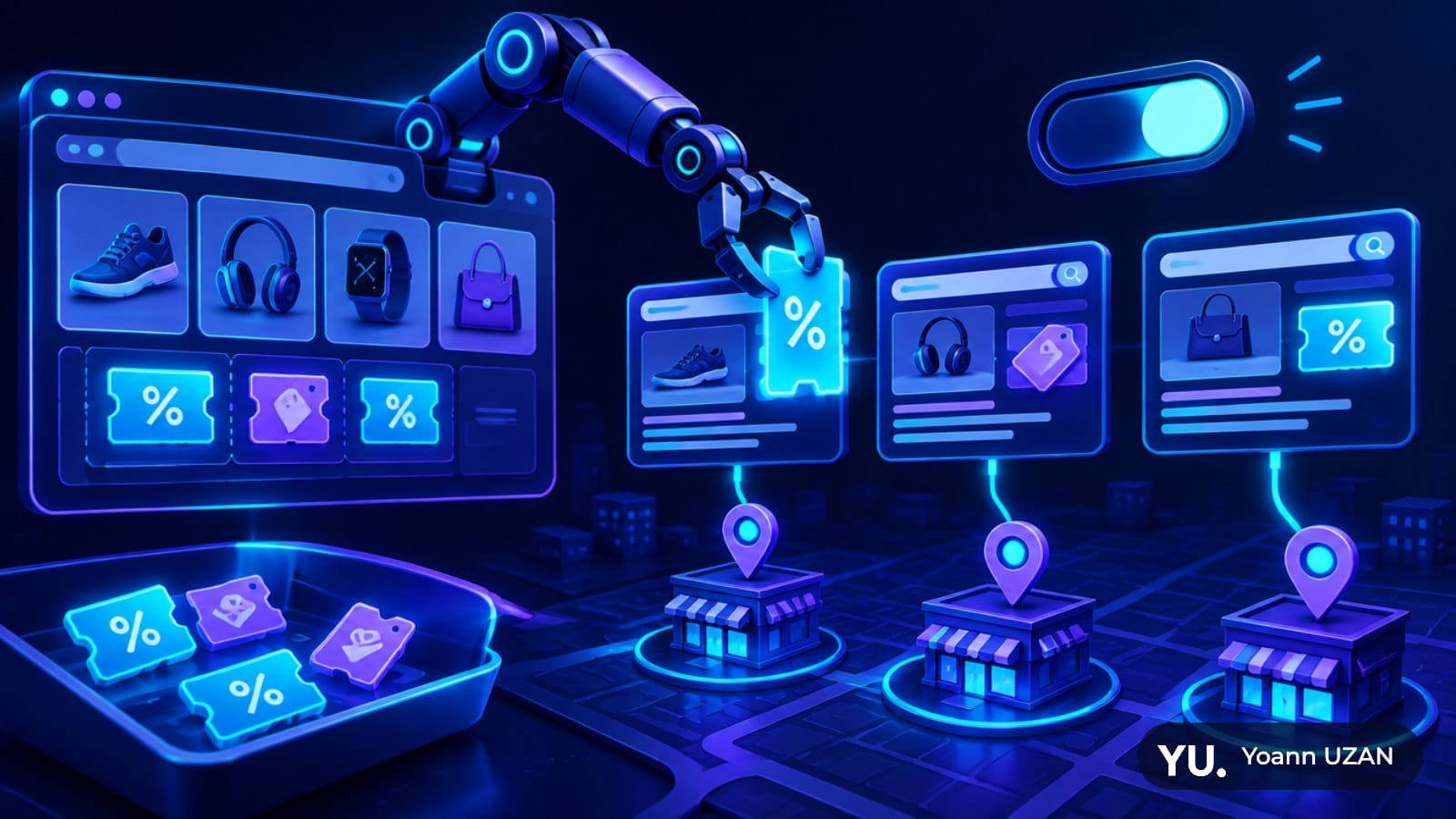 Illustration de Google Ads extrayant des offres d'un site web pour créer des promotions automatiques dans les annonces