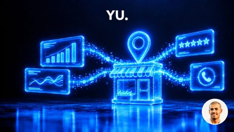 Épingle de localisation holographique sur une boutique entourée de tableaux de bord lumineux, illustrant les rapports de performance de la fiche Google