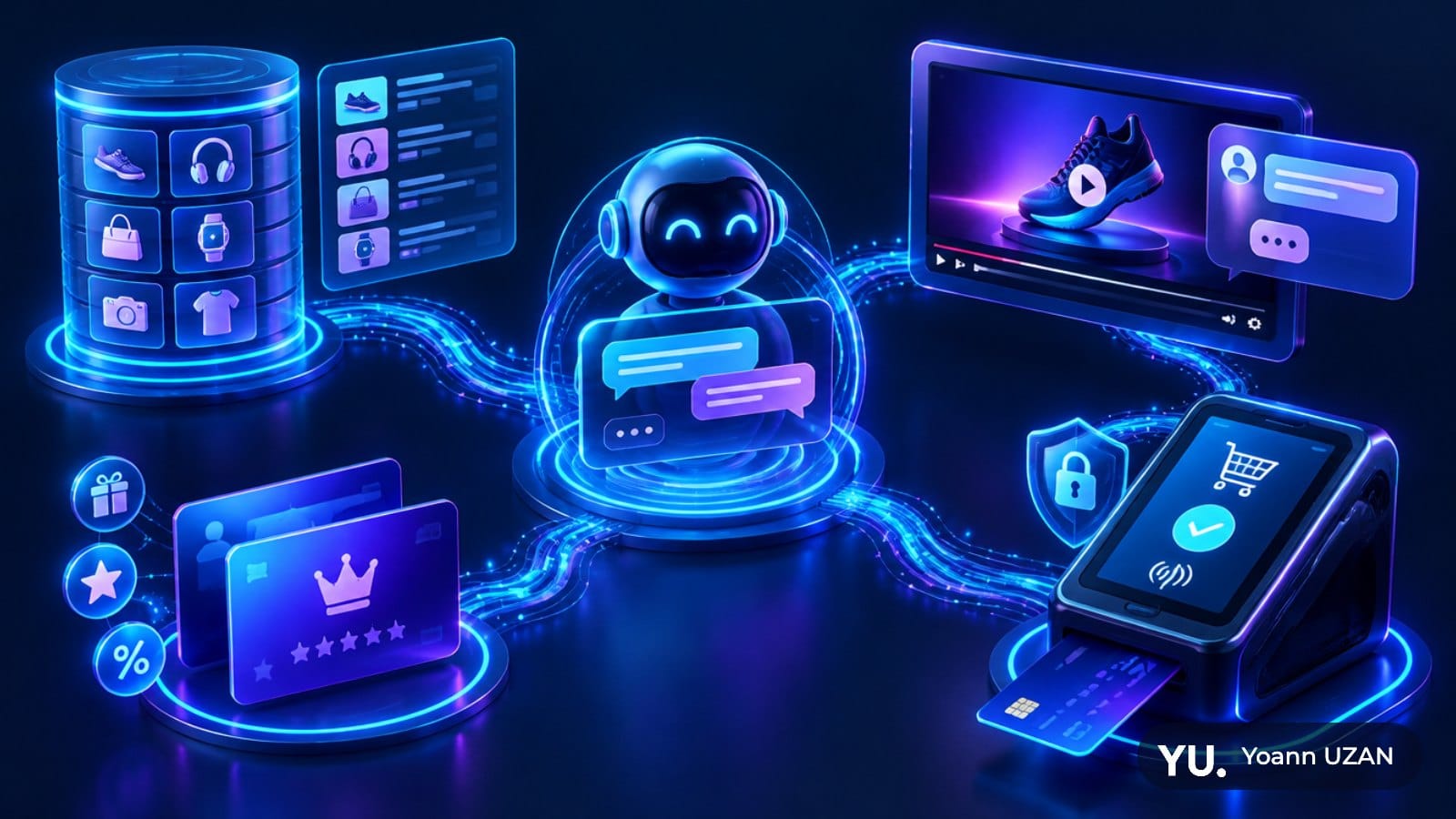 Illustration d'un agent IA reliant flux produits, vidéo et paiement, commerce agentique Google