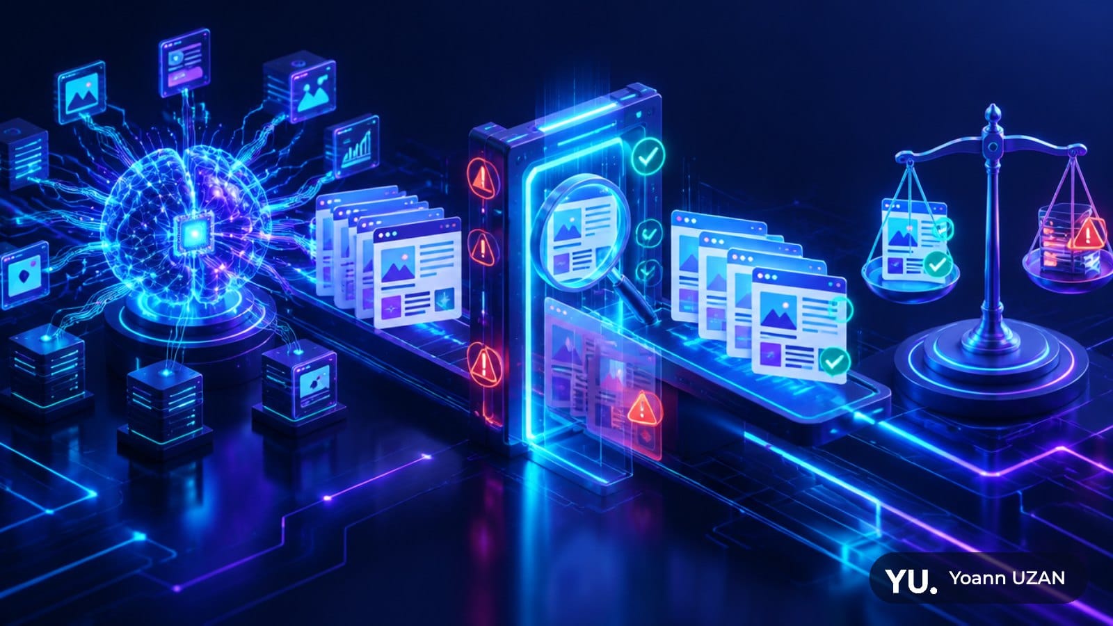 Illustration d'un contenu IA passant par une étape de vérification manuelle avant publication, selon les nouvelles consignes de Google