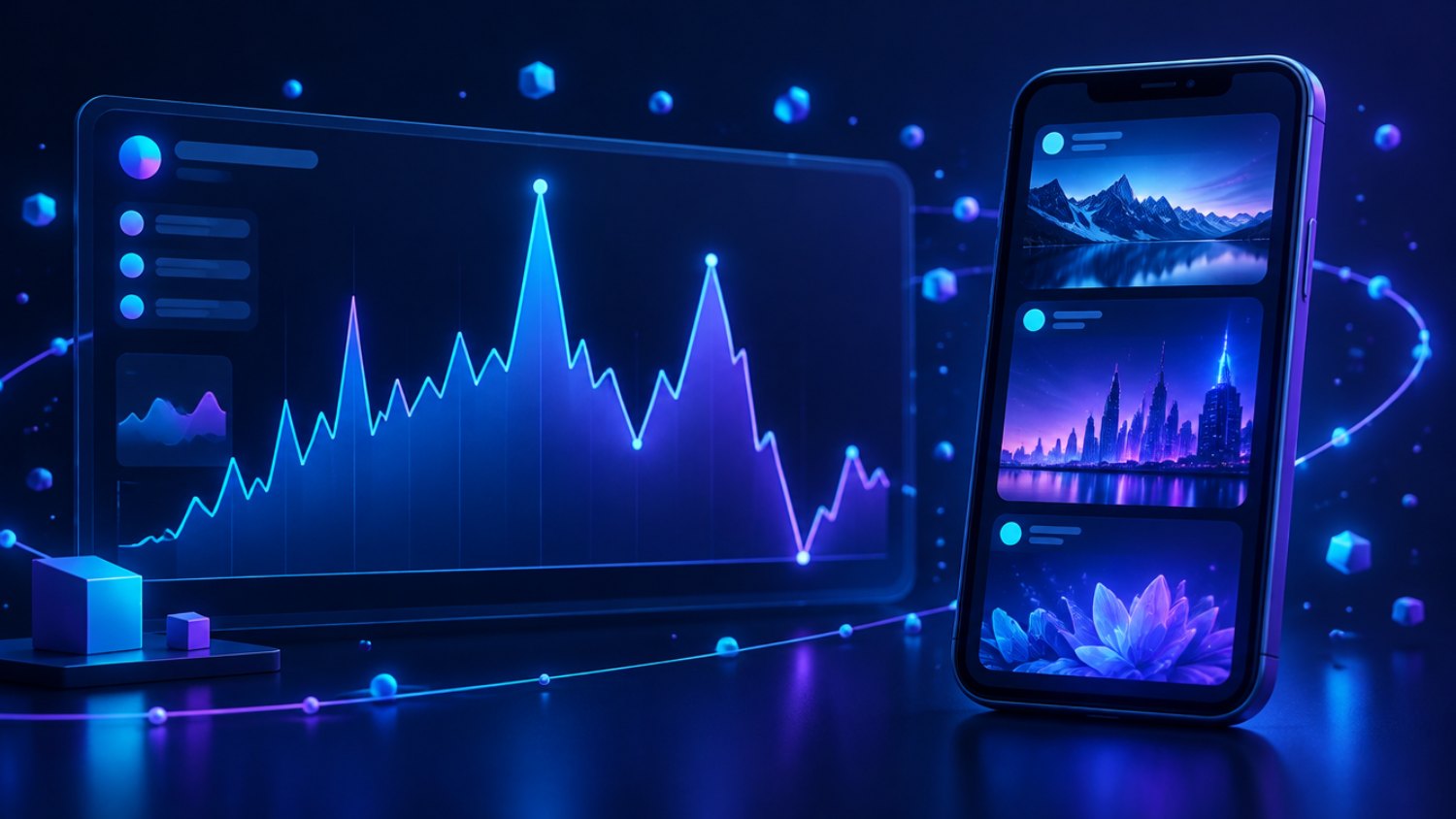 Trafic Google Discover irrégulier, avec des pics et des creux, à côté d'un flux mobile de contenus