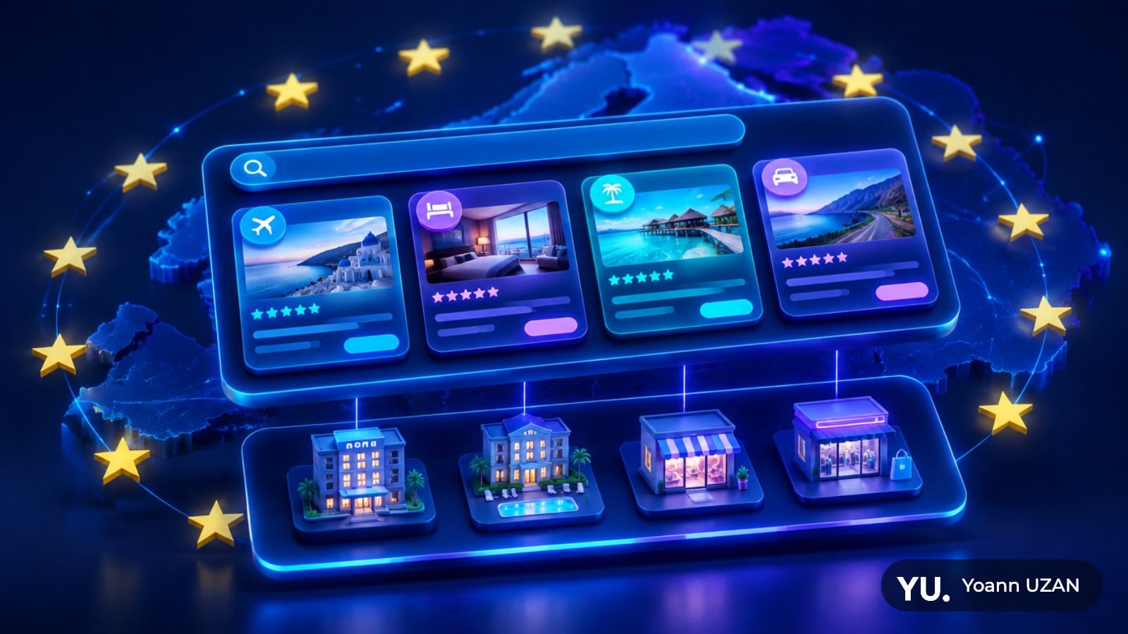 Illustration de la nouvelle page de résultats Google en Europe avec blocs comparateurs et fournisseurs, changements DMA Google