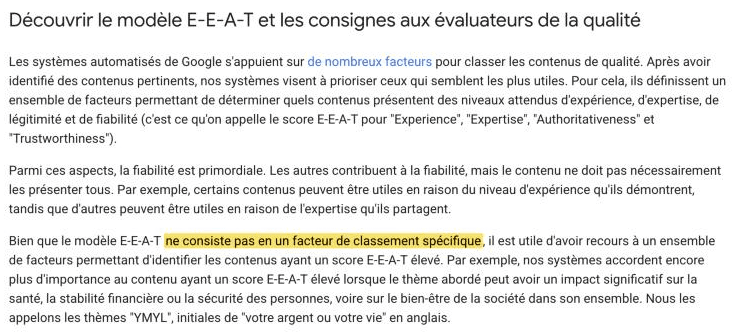 Documentation Google : le modèle E-E-A-T ne consiste pas en un facteur de classement spécifique