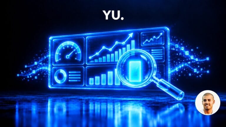 Illustration 3D holographique bleue d'un tableau de bord en verre avec des jauges, des courbes de performance et une loupe qui met en avant un indicateur lumineux