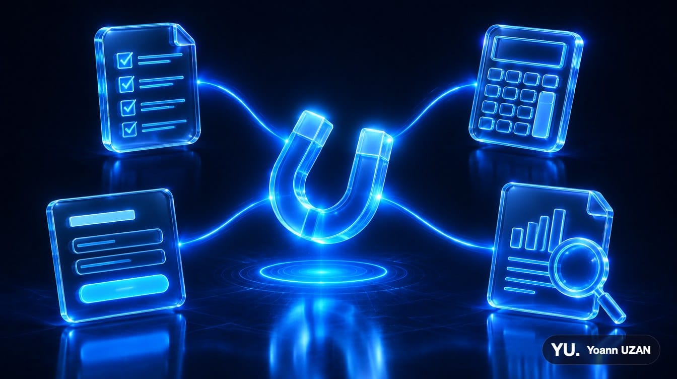 Aimant lumineux relié à une checklist, une calculatrice, un formulaire de devis et un rapport d'audit