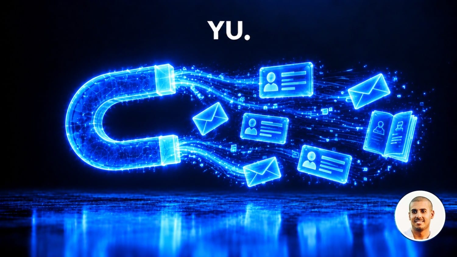 Aimant lumineux qui attire des cartes de contact, des enveloppes et un guide, illustrant un lead magnet