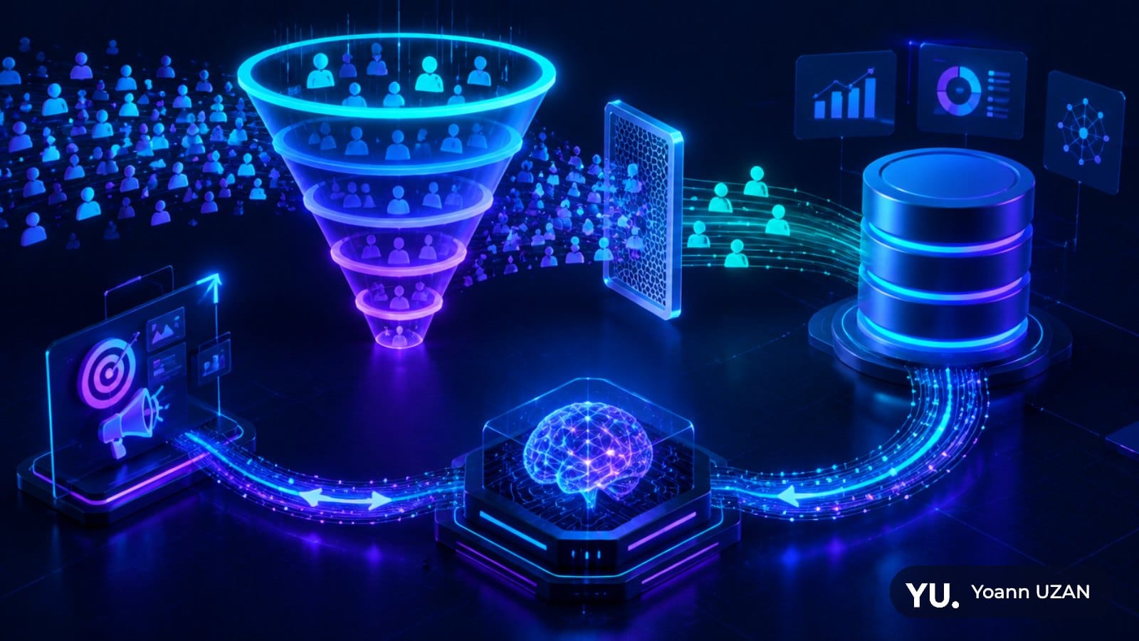 Illustration d'un tunnel de conversion qui renvoie les leads qualifiés aux algorithmes Google Ads et Meta