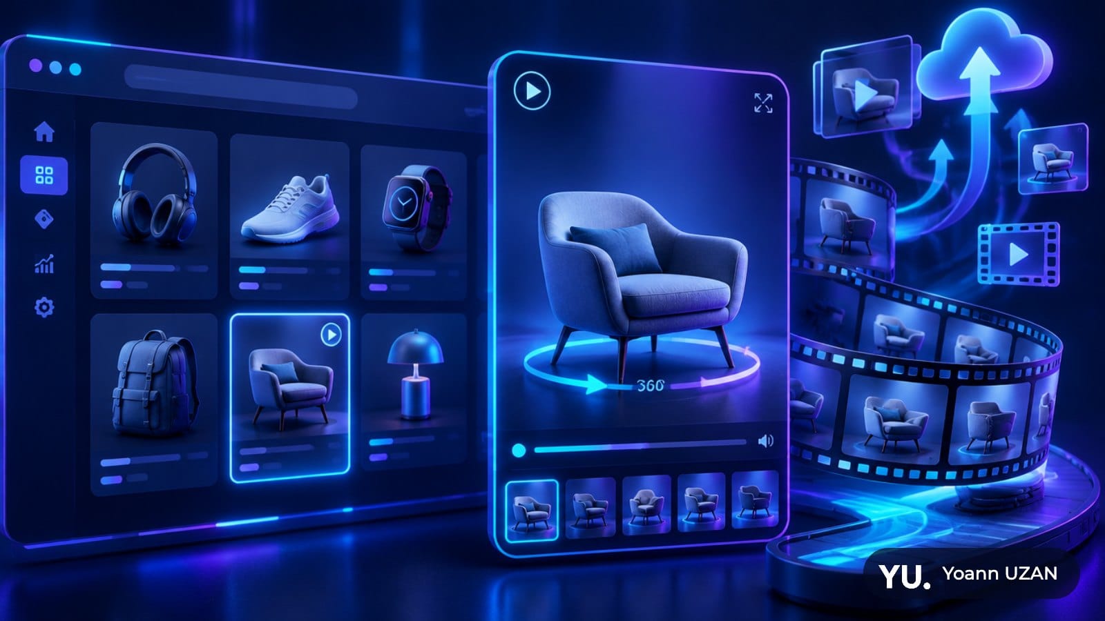 Illustration d'un flux produit où une fiche se transforme en vidéo, ajout de vidéos produits dans Merchant Center
