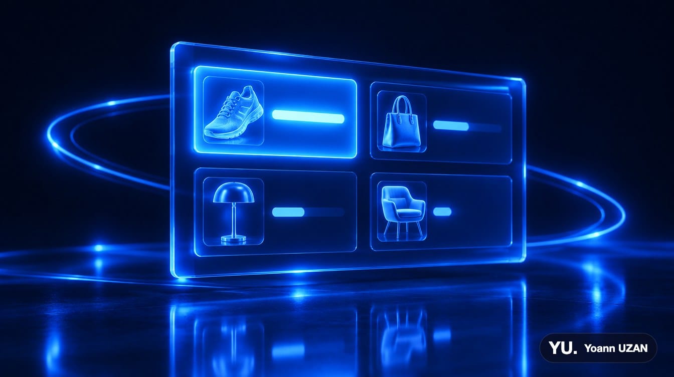Tableau de bord holographique listant des produits e-commerce (basket, sac, lampe, fauteuil) avec leurs barres de performance