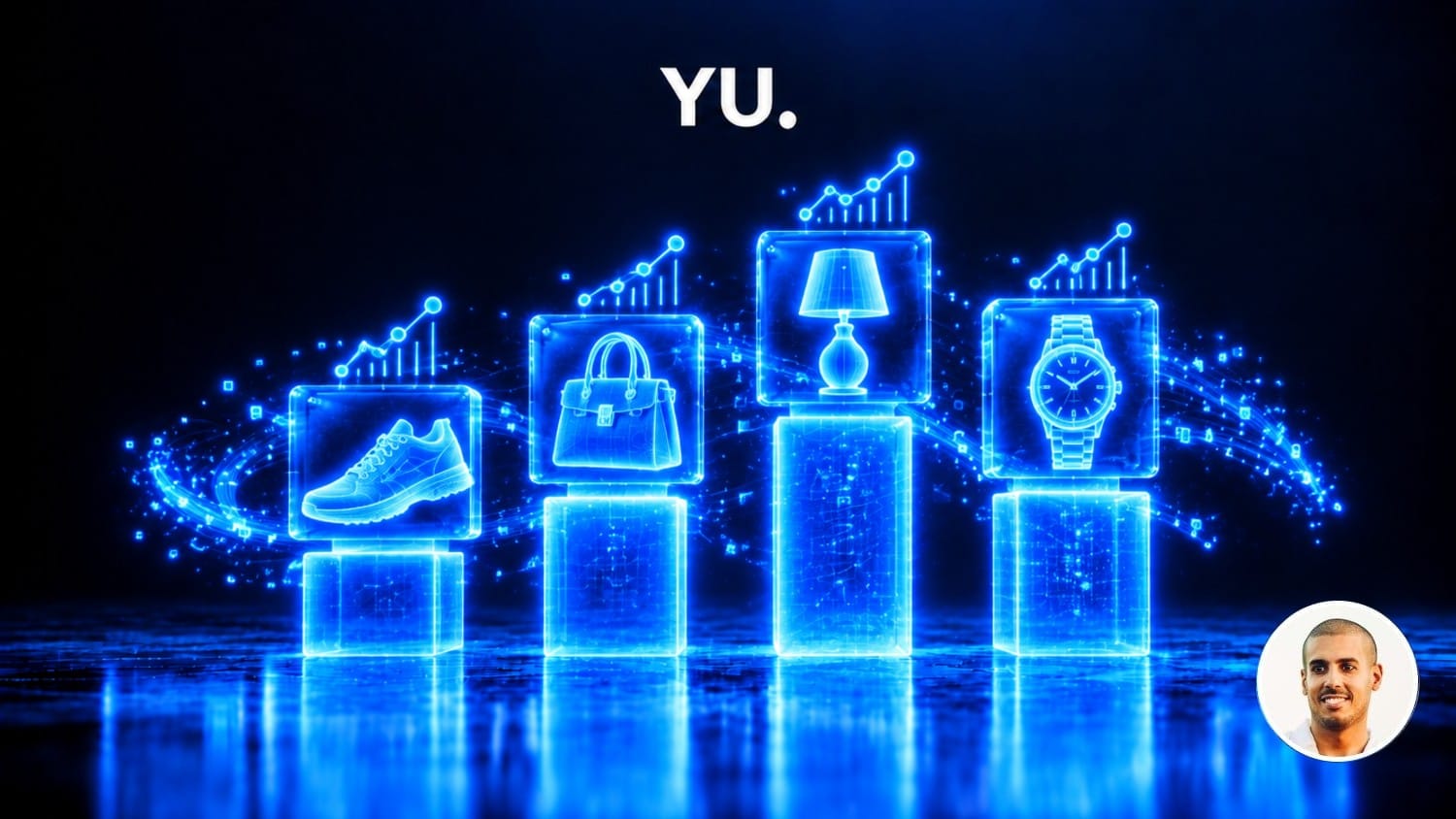 Cartes produits holographiques (basket, sac, lampe, montre) posées sur des socles lumineux de hauteurs différentes, illustrant le classement des produits dans Meta Ads