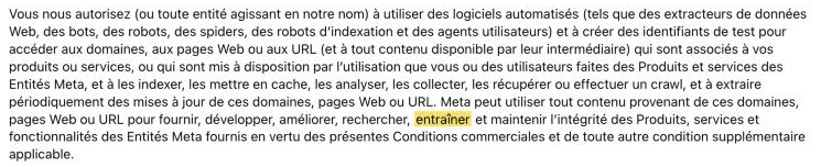 Clause des conditions commerciales de Meta autorisant l'exploration des sites des annonceurs, mot entraîner surligné