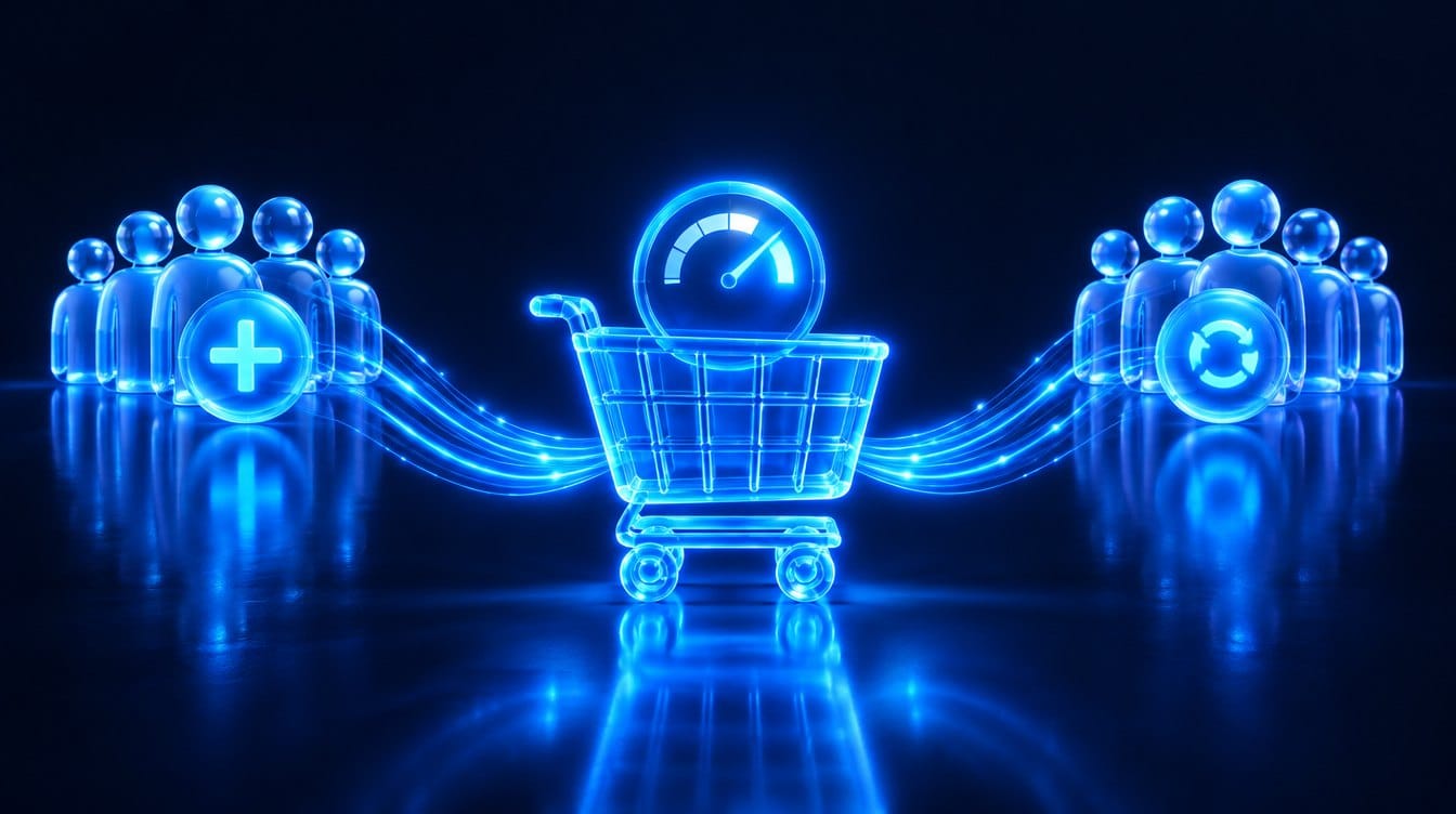 Caddie lumineux entre un groupe de nouveaux clients et un groupe de clients fidèles, illustrant l'acquisition et la fidélisation dans Google Ads