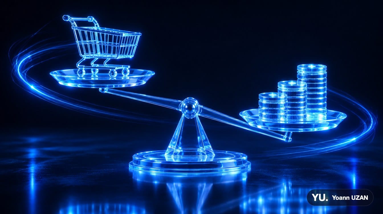 Illustration d'un panier d'achat lumineux posé sur une balance, avec des pièces qui s'empilent