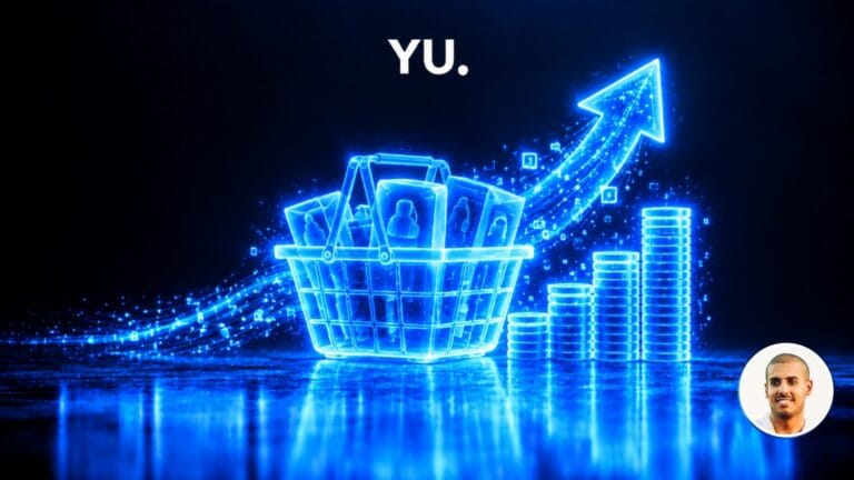 Panier d'achat holographique rempli de produits, avec une flèche lumineuse montante et des piles de pièces qui grandissent