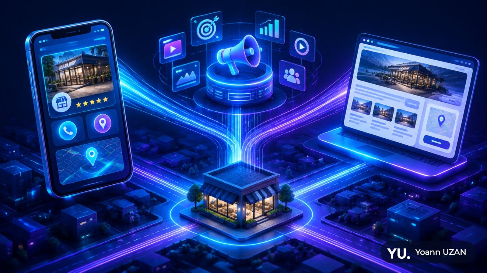 Illustration d'un clic publicitaire orienté vers un site ou une fiche d'établissement, choix de destination Performance Max