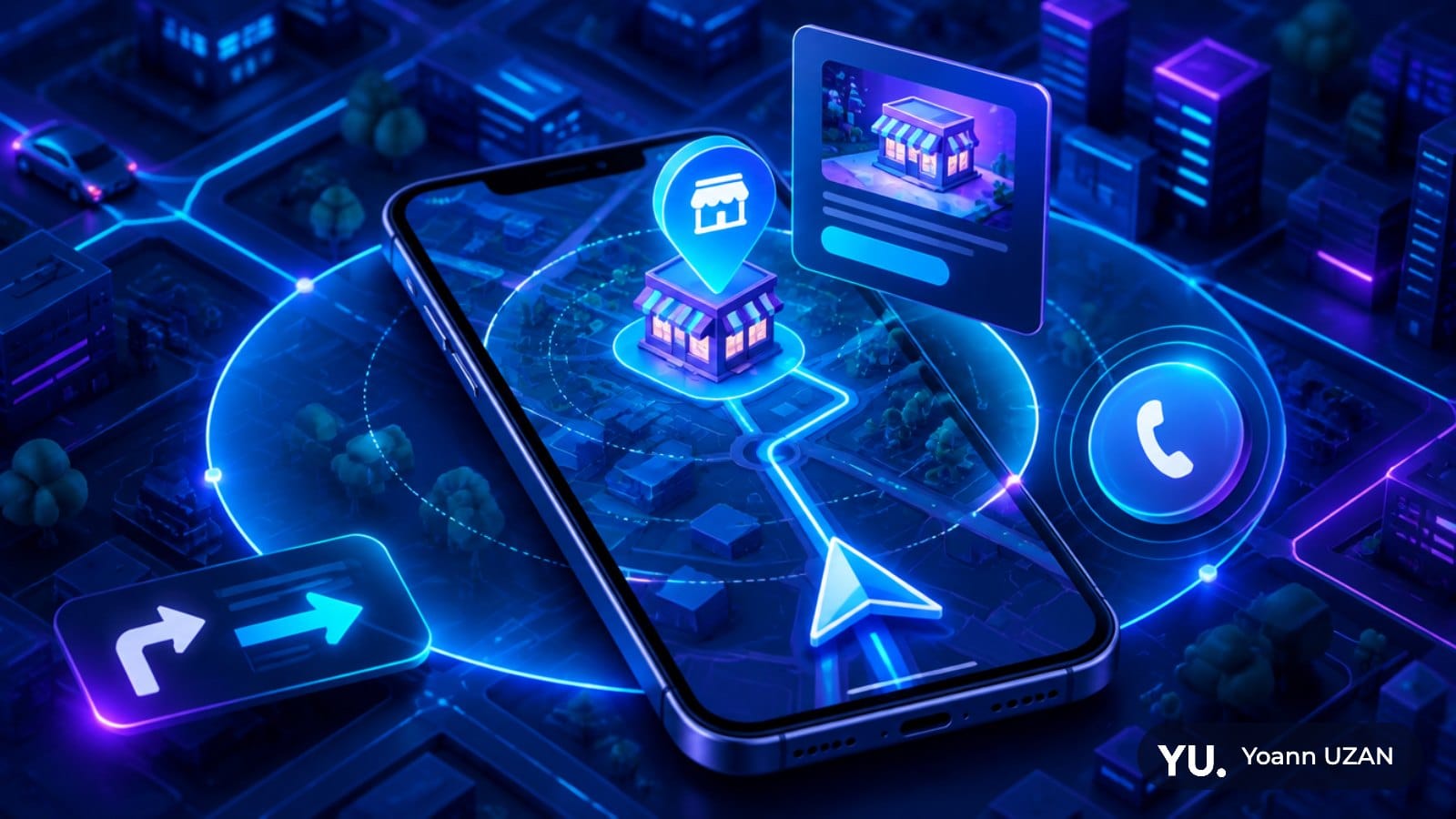 Illustration de l'optimisation pour les clients locaux Performance Max : annonce locale sur une carte de navigation près d'un magasin