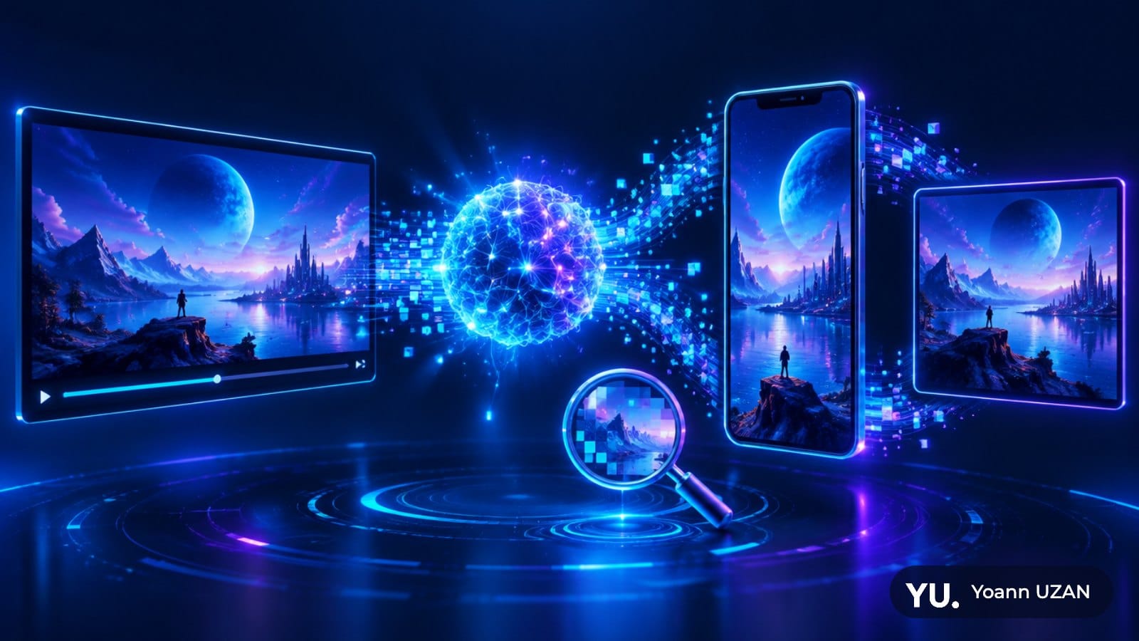 Illustration d'une vidéo horizontale étendue par IA en formats vertical et carré, vidéos Performance Max redimensionnées par IA dans Google Ads