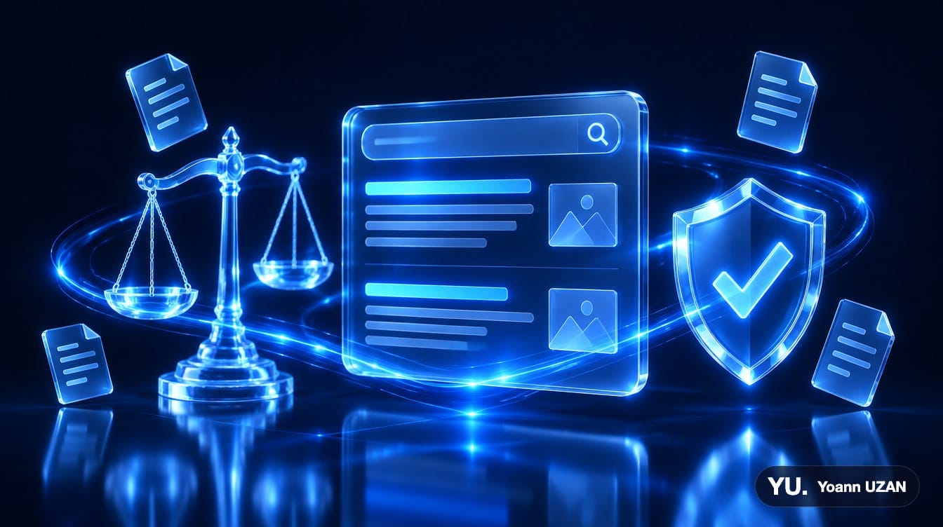 Illustration d'une annonce de recherche validée par une balance de la justice et un bouclier