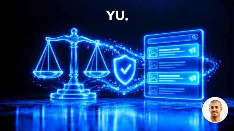Balance de la justice holographique à côté d'une page de résultats de recherche avec des annonces et d'un bouclier validé