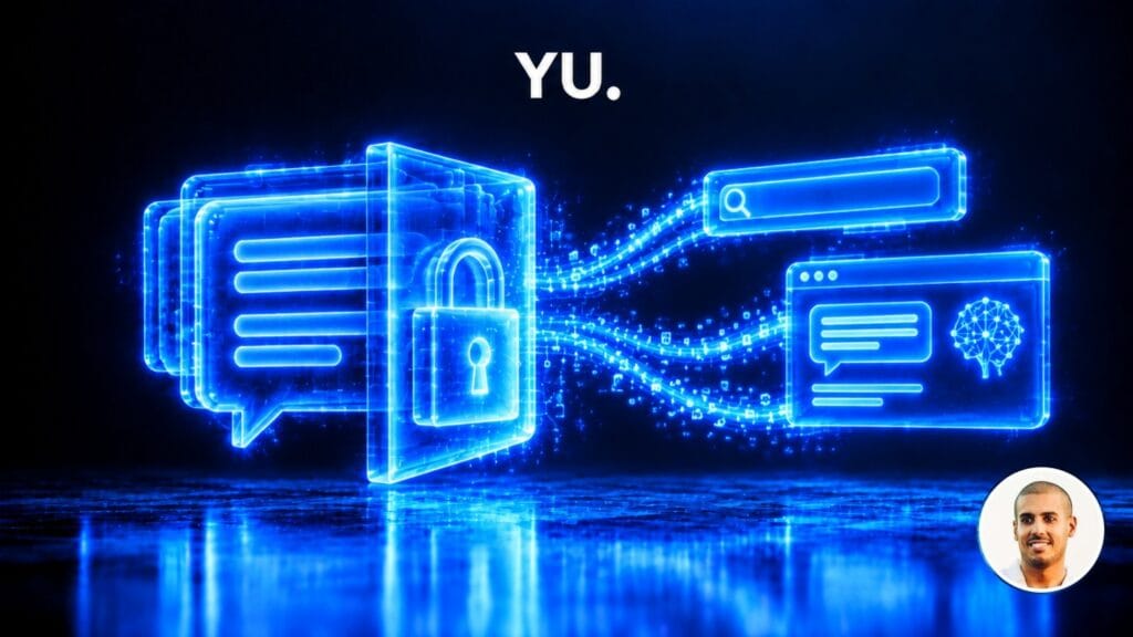 Illustration 3D holographique bleue d'une bulle de discussion lumineuse protégée par un cadenas en verre, reliée à une barre de recherche et à une fenêtre d'assistant IA