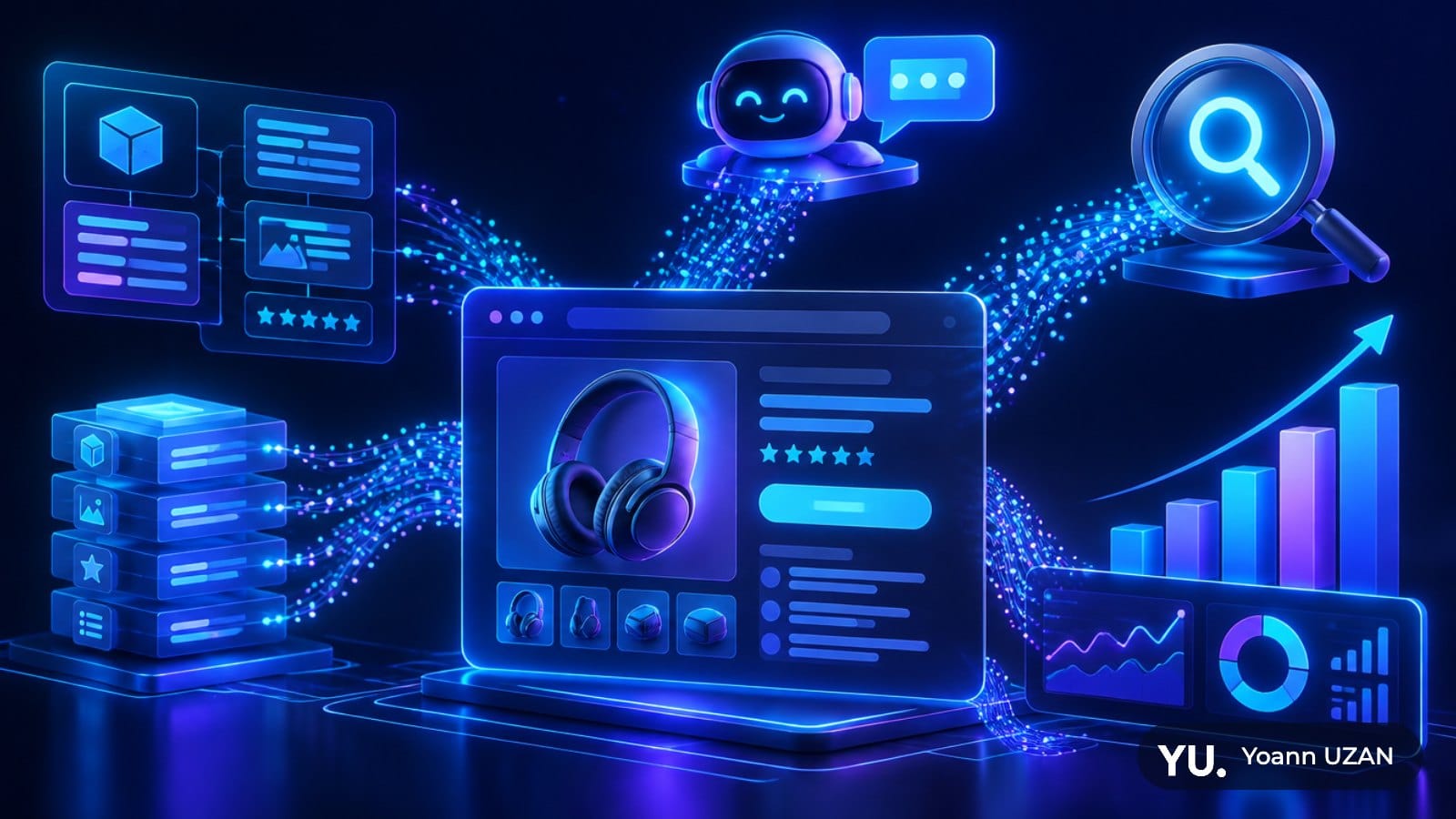 Illustration du trafic IA e-commerce et de la recherche organique convergeant vers une fiche produit aux données structurées