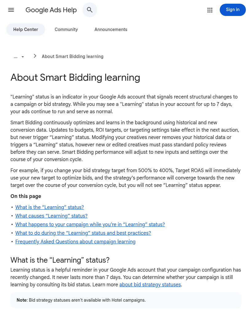 Page d'aide Google Ads « About Smart Bidding learning » indiquant que le statut Apprentissage dure au maximum 7 jours