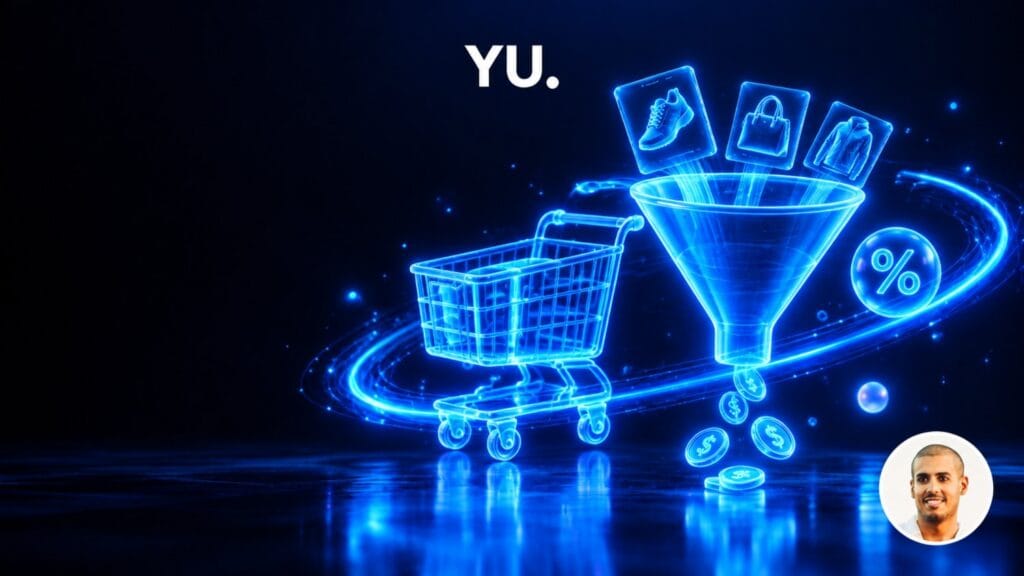 Caddie holographique et entonnoir lumineux transformant des produits en pièces, illustrant le taux de conversion d'un site e-commerce