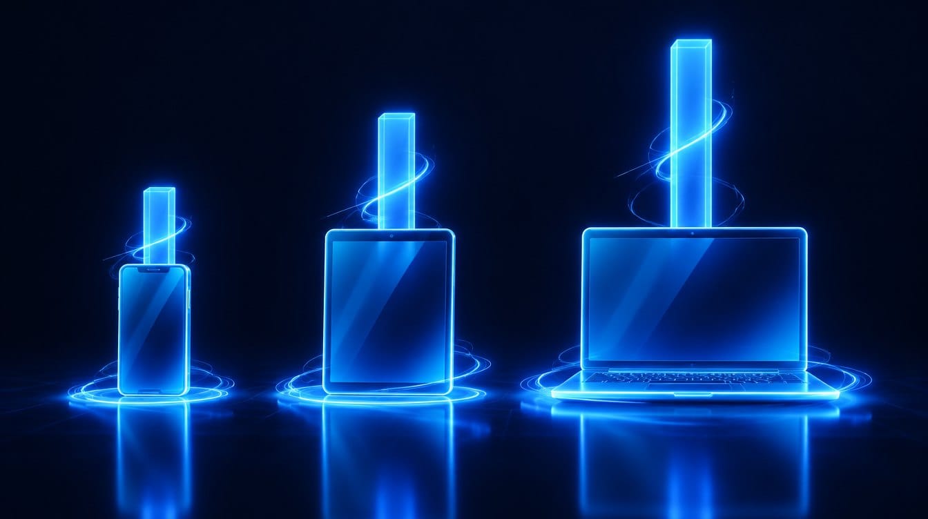Smartphone, tablette et ordinateur portable surmontés de barres lumineuses de hauteurs différentes, illustrant l'écart de conversion par appareil
