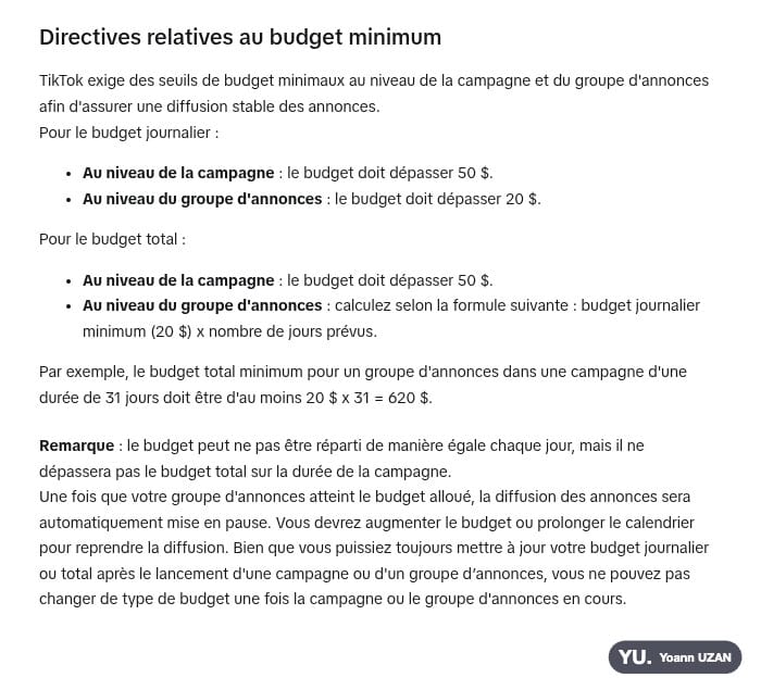 Page d'aide TikTok Ads Manager indiquant les budgets minimums de 50 dollars par campagne et 20 dollars par groupe d'annonces