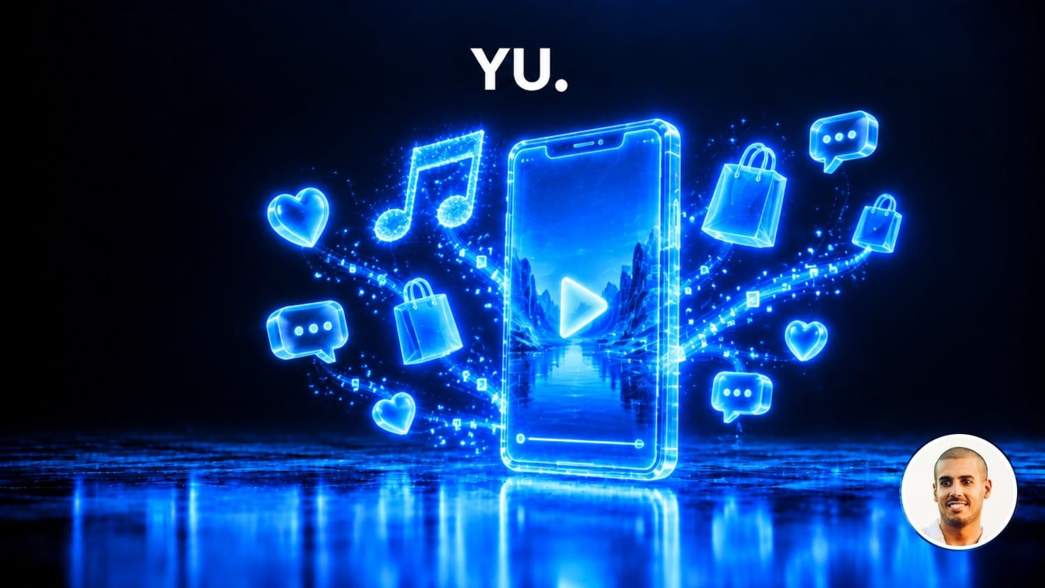 Smartphone vertical holographique diffusant une vidéo, entouré de cœurs, de bulles de commentaires et de sacs d'achat lumineux