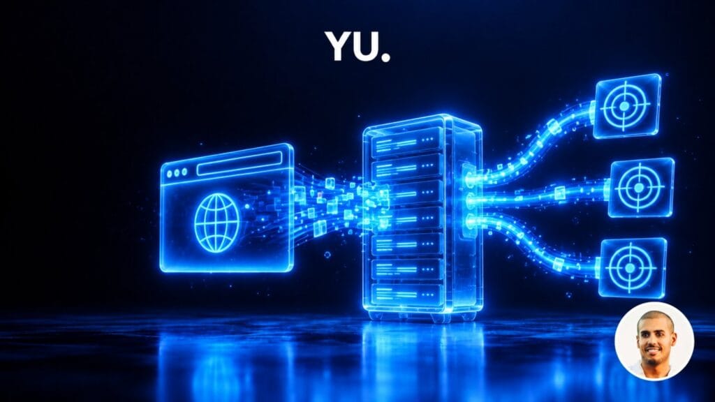 Fenêtre de navigateur holographique envoyant des données vers un serveur lumineux qui les redistribue vers trois cibles, illustrant le tracking server-side
