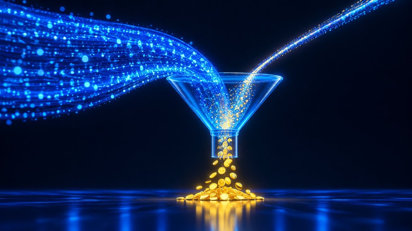 Grand flux de données lumineux et fin filet convergeant dans un entonnoir qui produit des pièces, illustrant le volume et la conversion du trafic Google et ChatGPT
